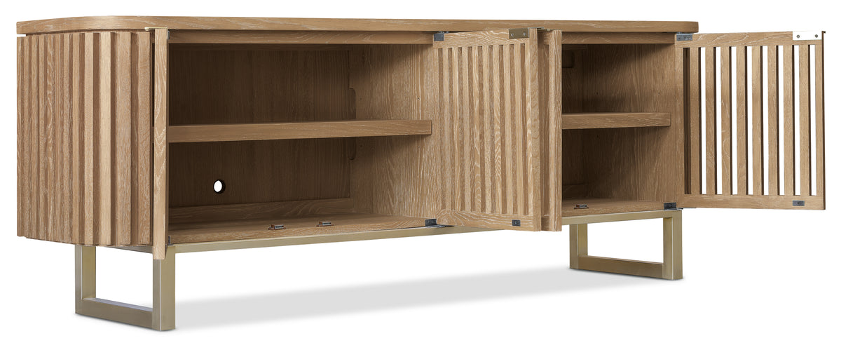 a wooden cabinet with open shelves