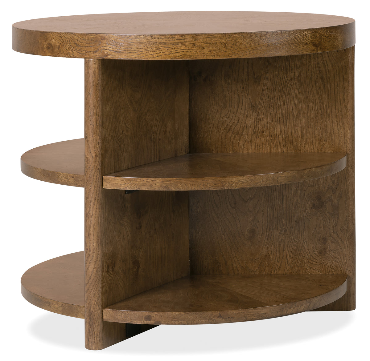 a round wooden table with shelves