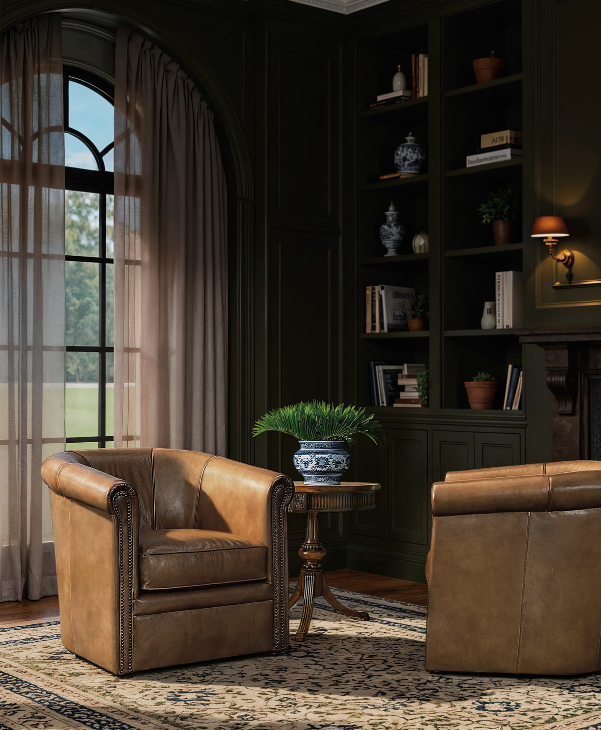 a room with a fireplace and chairs