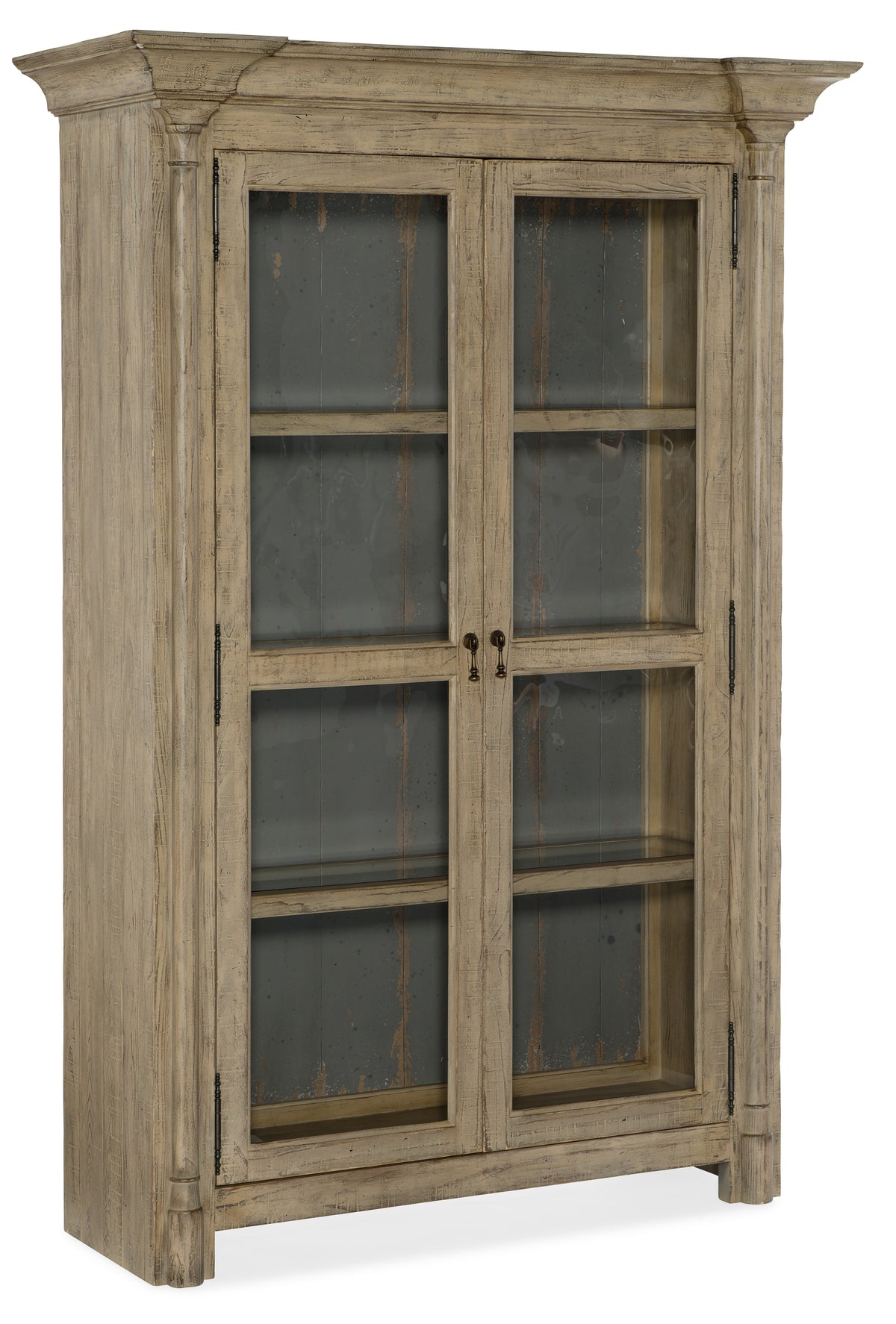 a wooden cabinet with glass doors