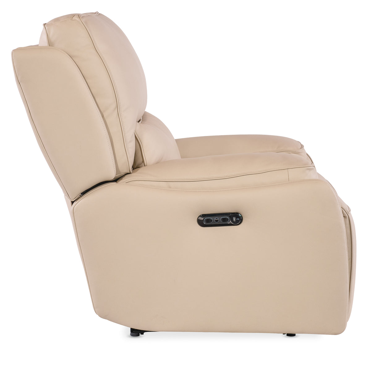 a beige recliner with a black handle