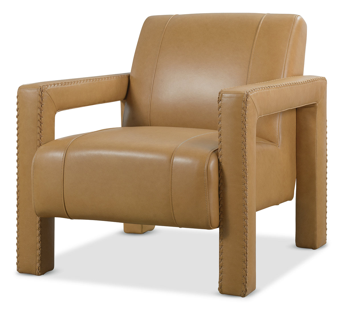 a brown leather chair with armrests