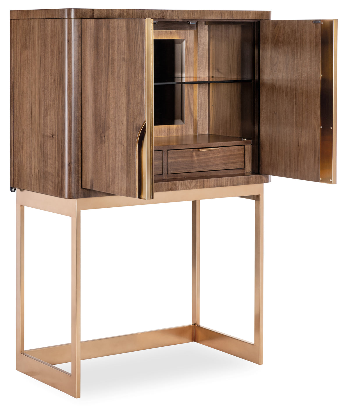 a wood cabinet with a glass door
