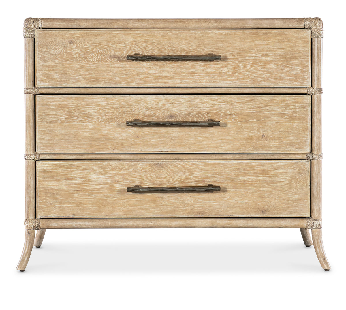 a wooden dresser with metal handles
