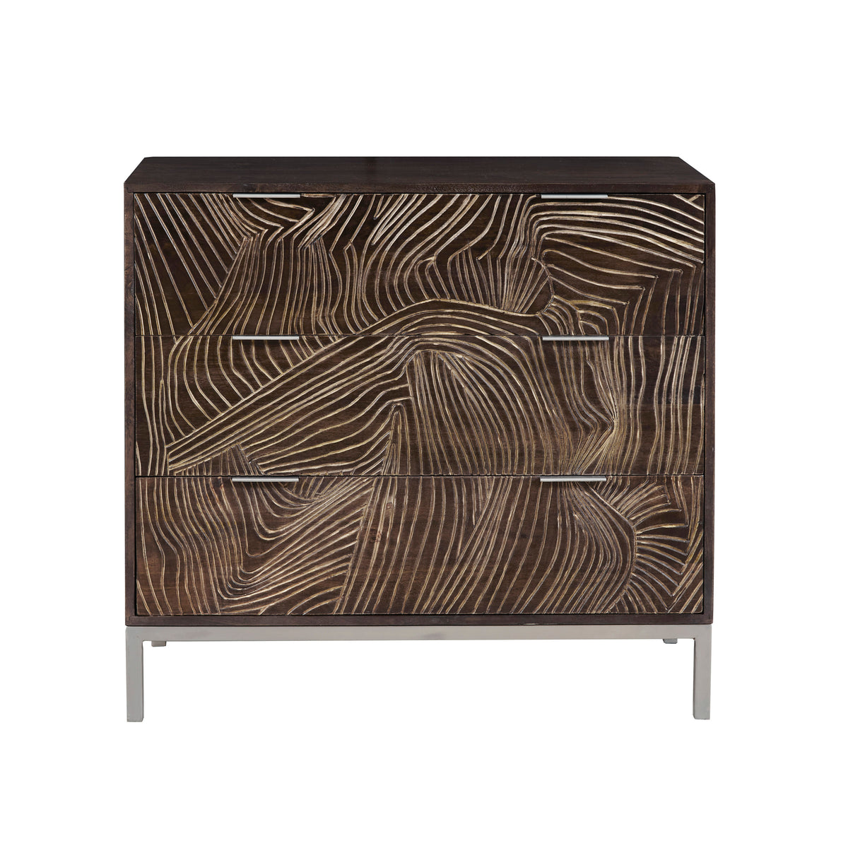 a brown dresser with silver legs