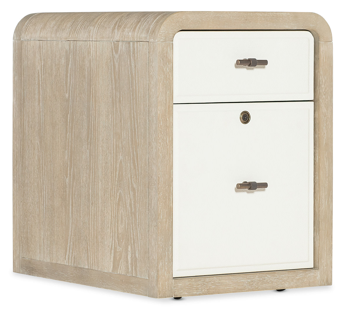 a white and wood file cabinet