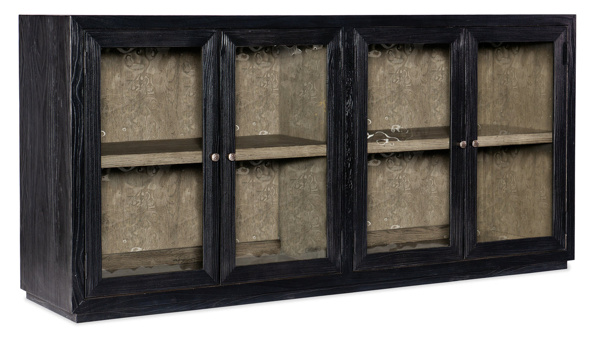 a black cabinet with glass doors