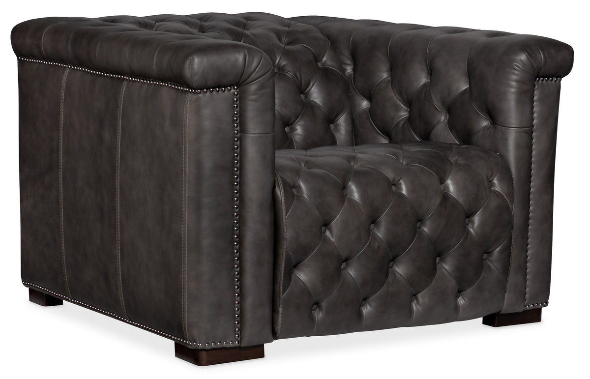 a black leather chair with buttons