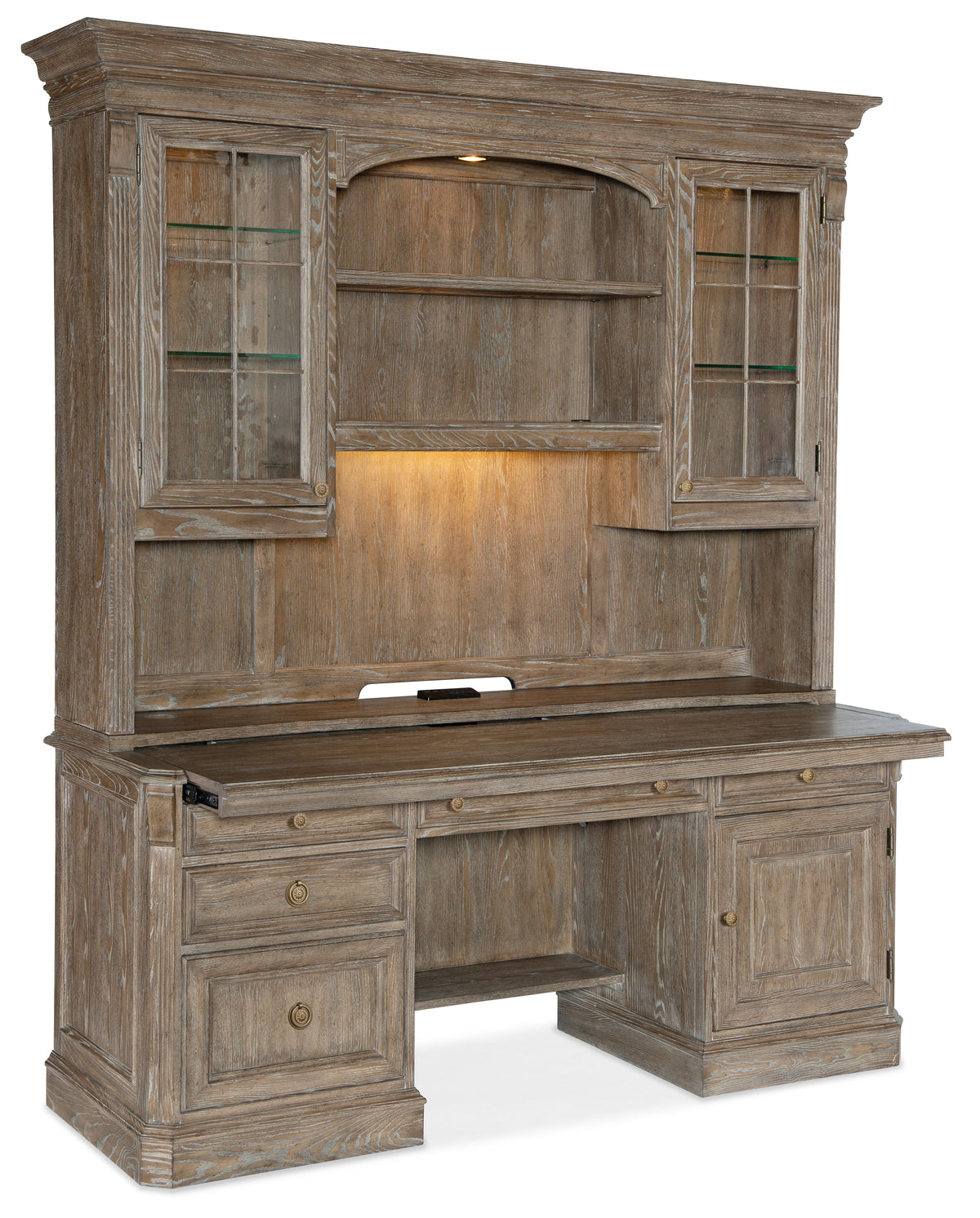 a wooden desk with glass doors