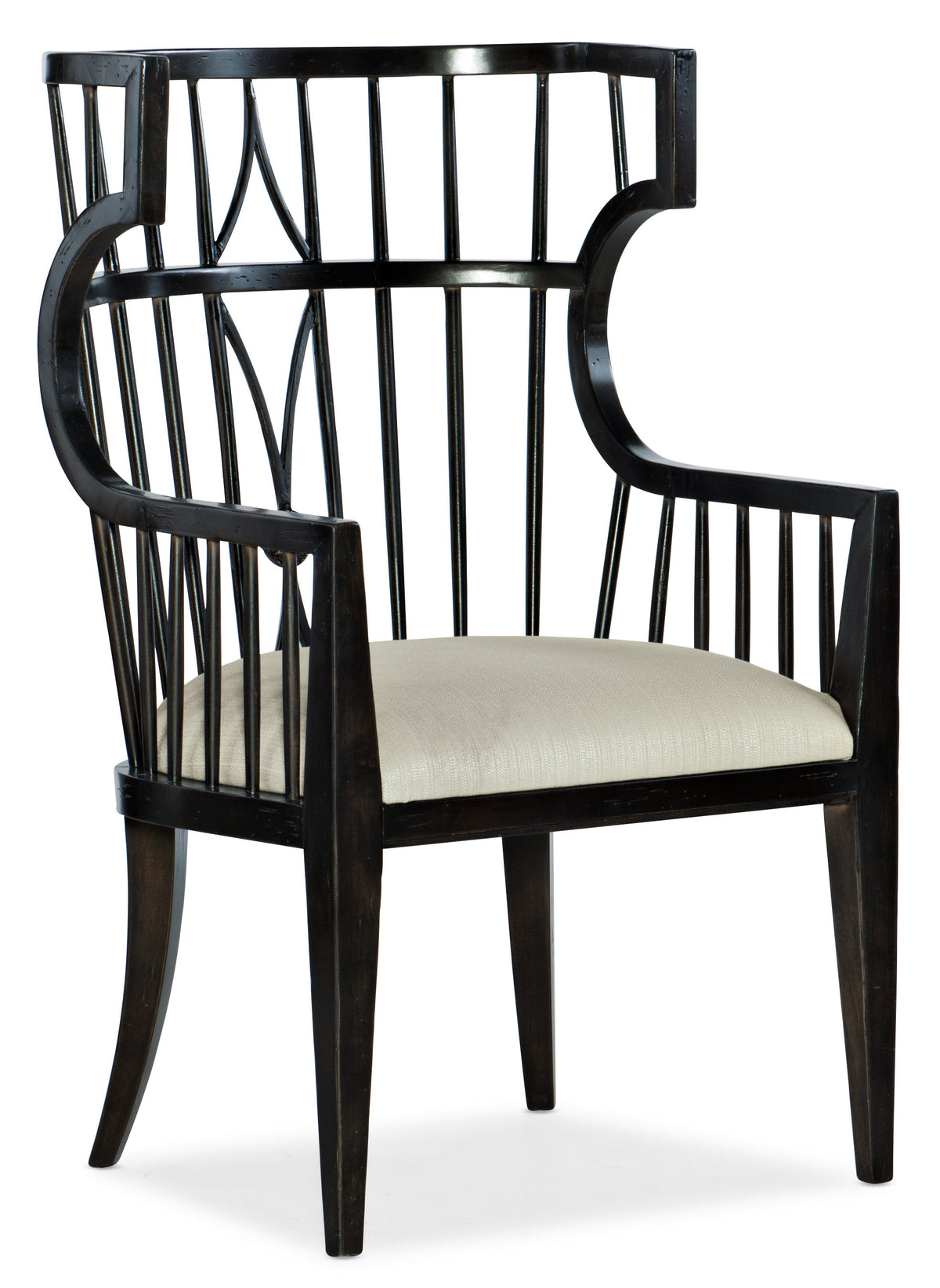 a black chair with white cushion
