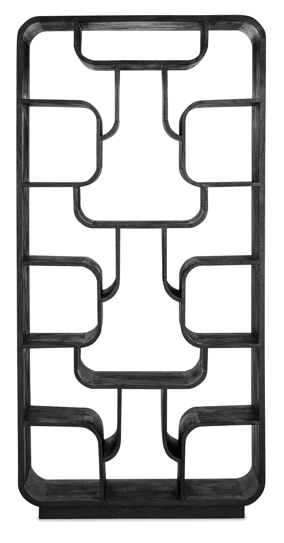 a black shelf with many shelves