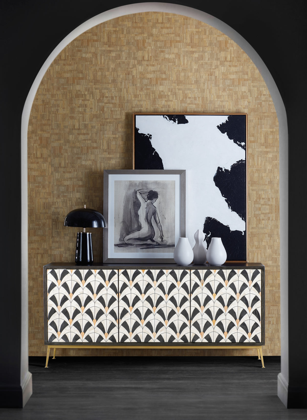 a black and white picture on a cabinet