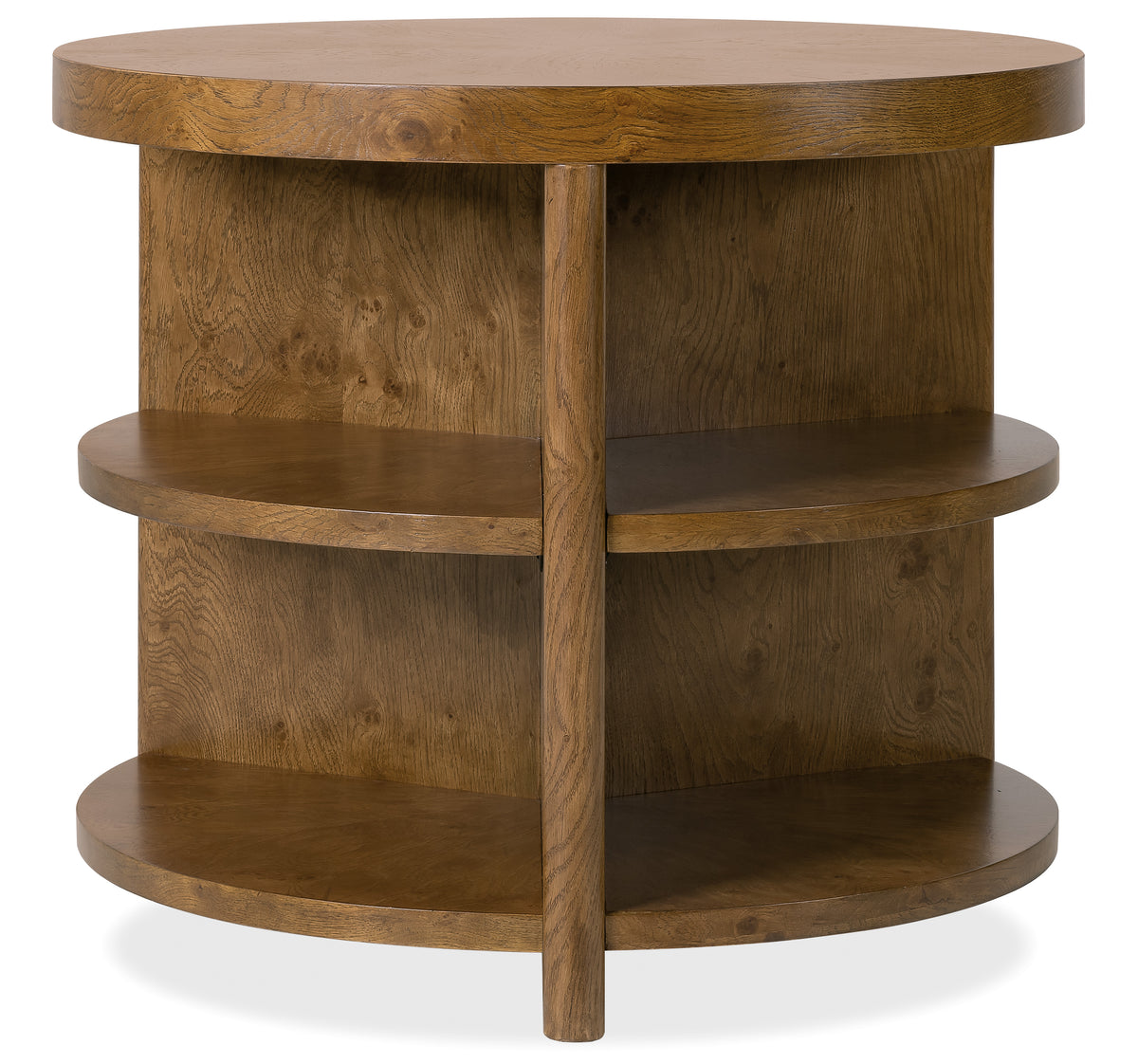 a round wooden table with shelves