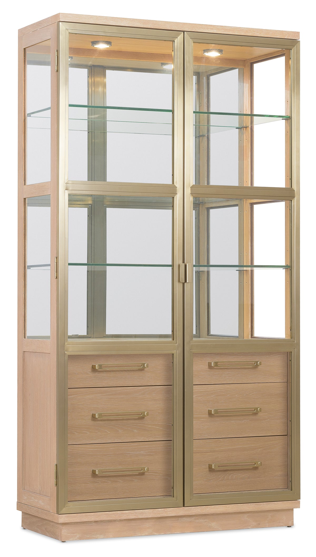 a glass cabinet with drawers and a white background