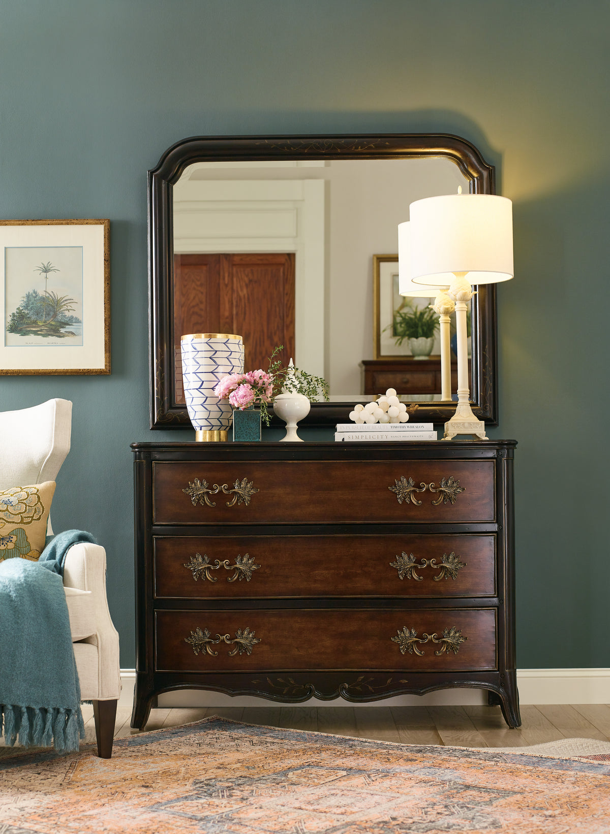 a mirror on a dresser