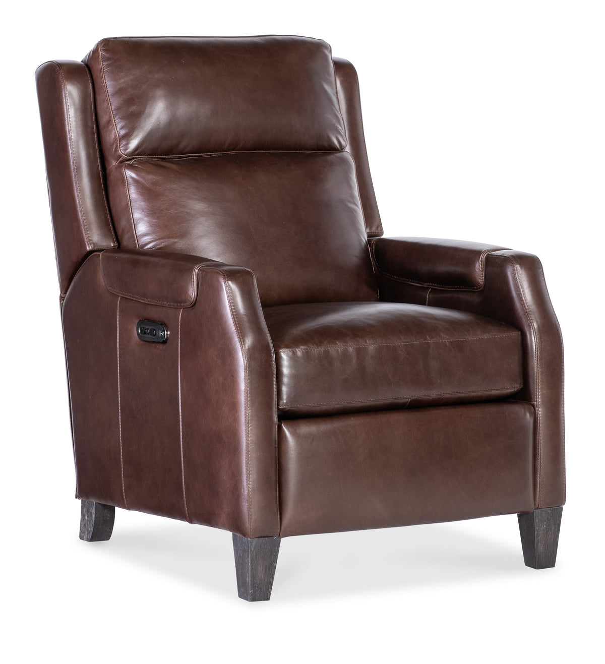 a brown leather chair with wooden legs