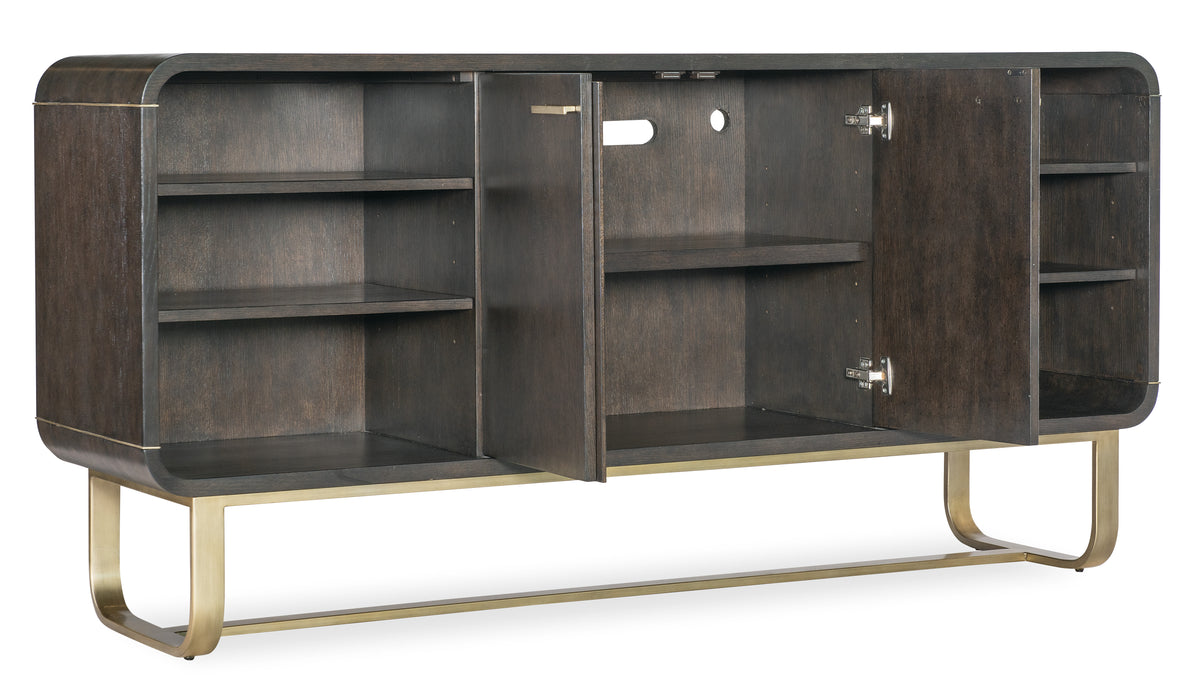 a brown wooden cabinet with shelves