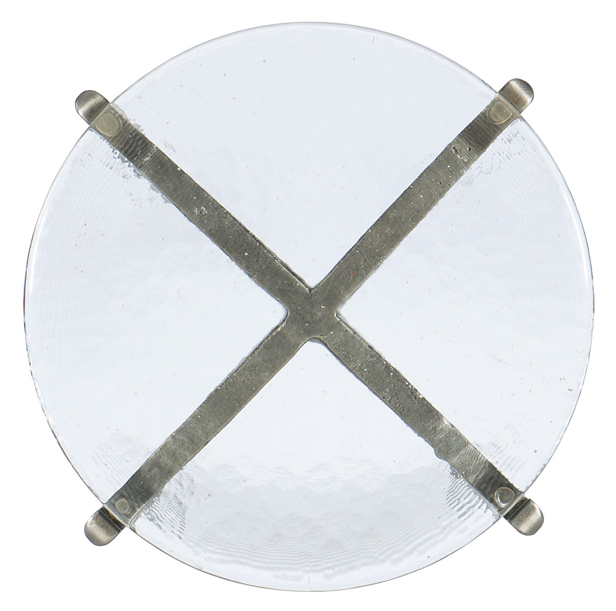 a glass plate with metal cross