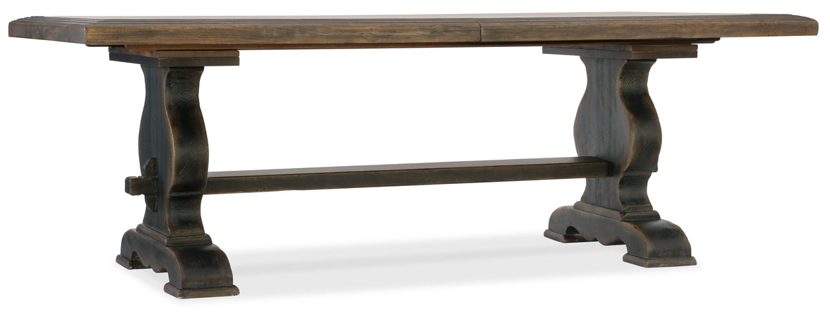 a wooden table with a metal base