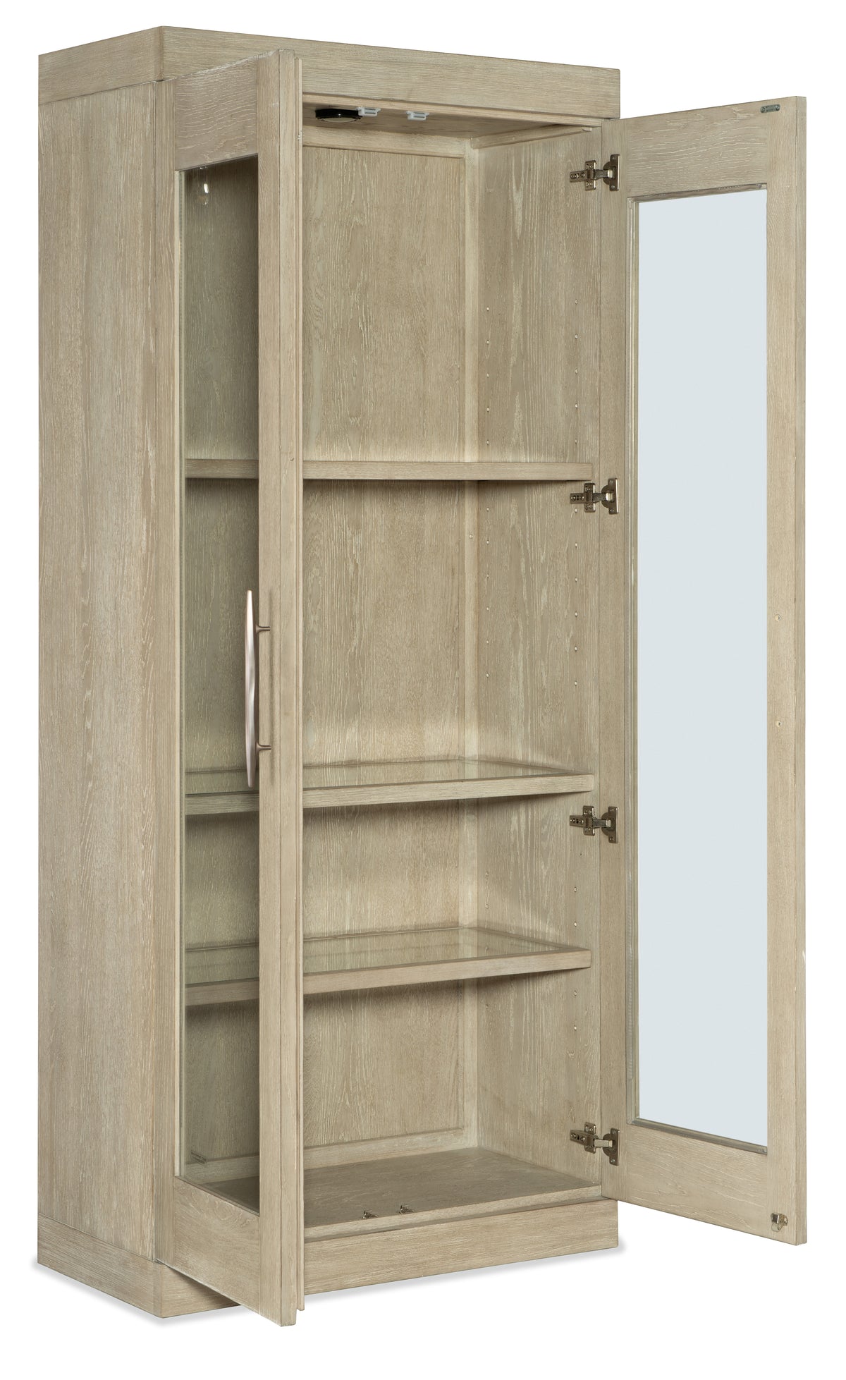 a wood cabinet with glass doors