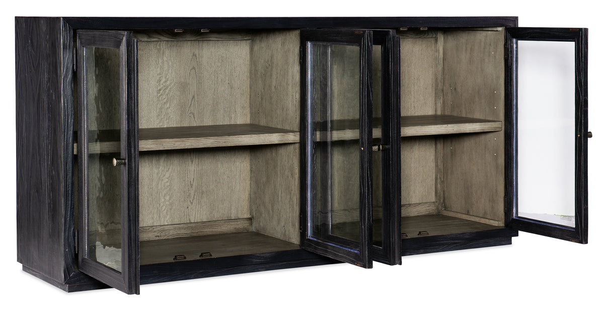 a black and white cabinet with glass doors