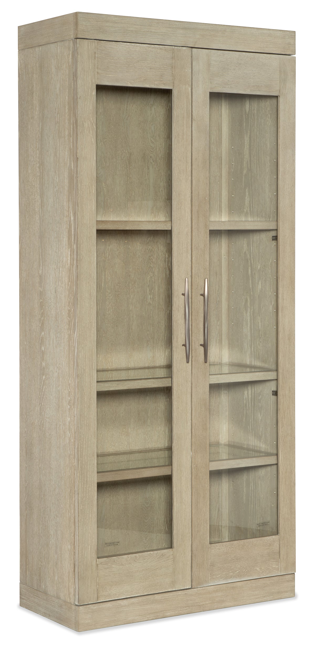 a wood cabinet with glass doors