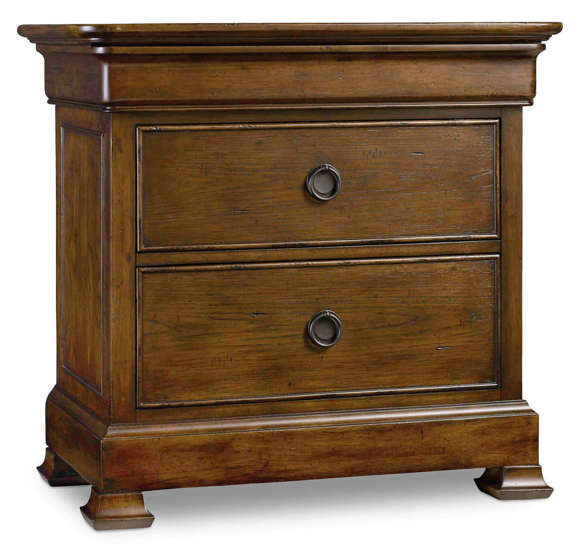 a brown nightstand with two drawers