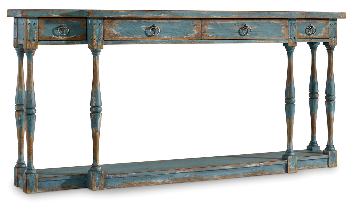 a blue wooden table with two drawers