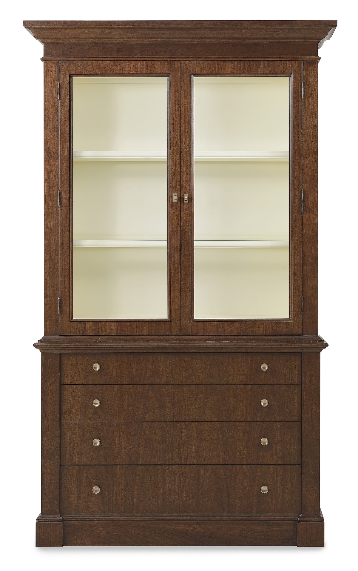 a wooden cabinet with glass doors