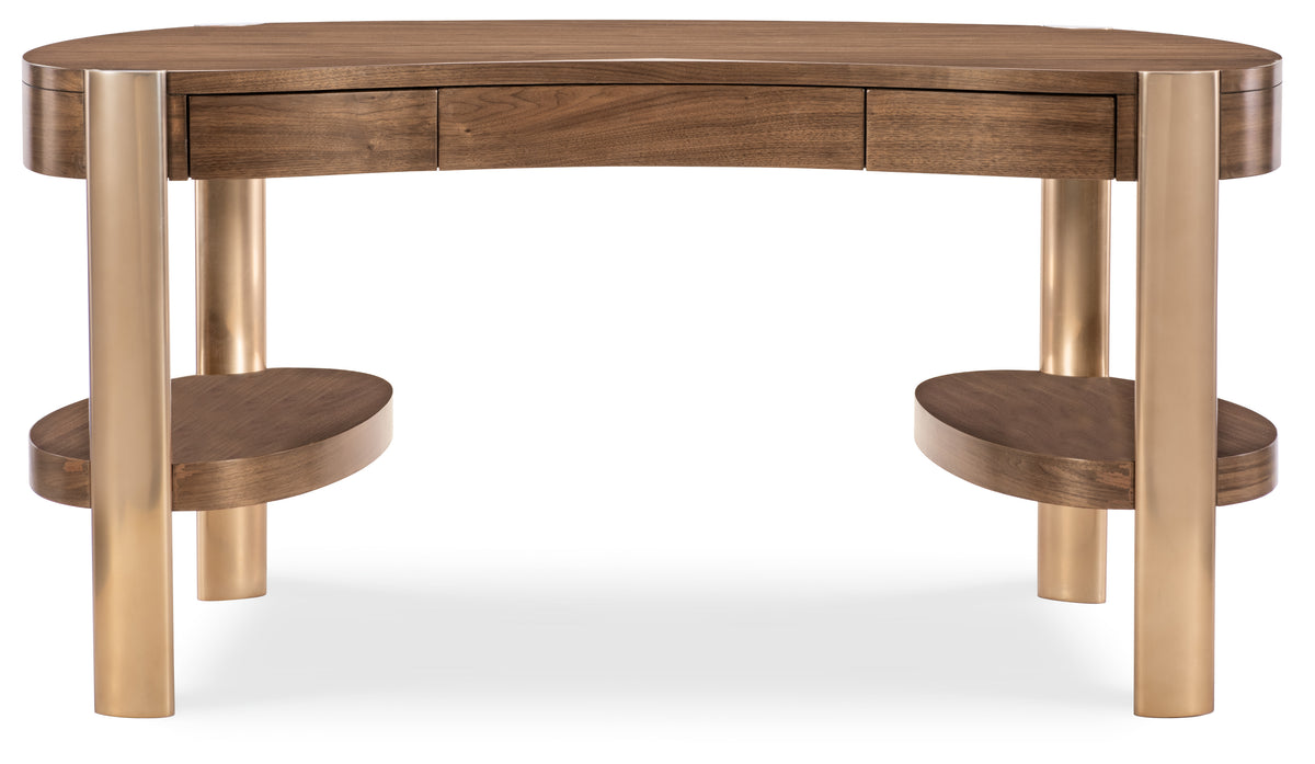 a wooden desk with two round seats
