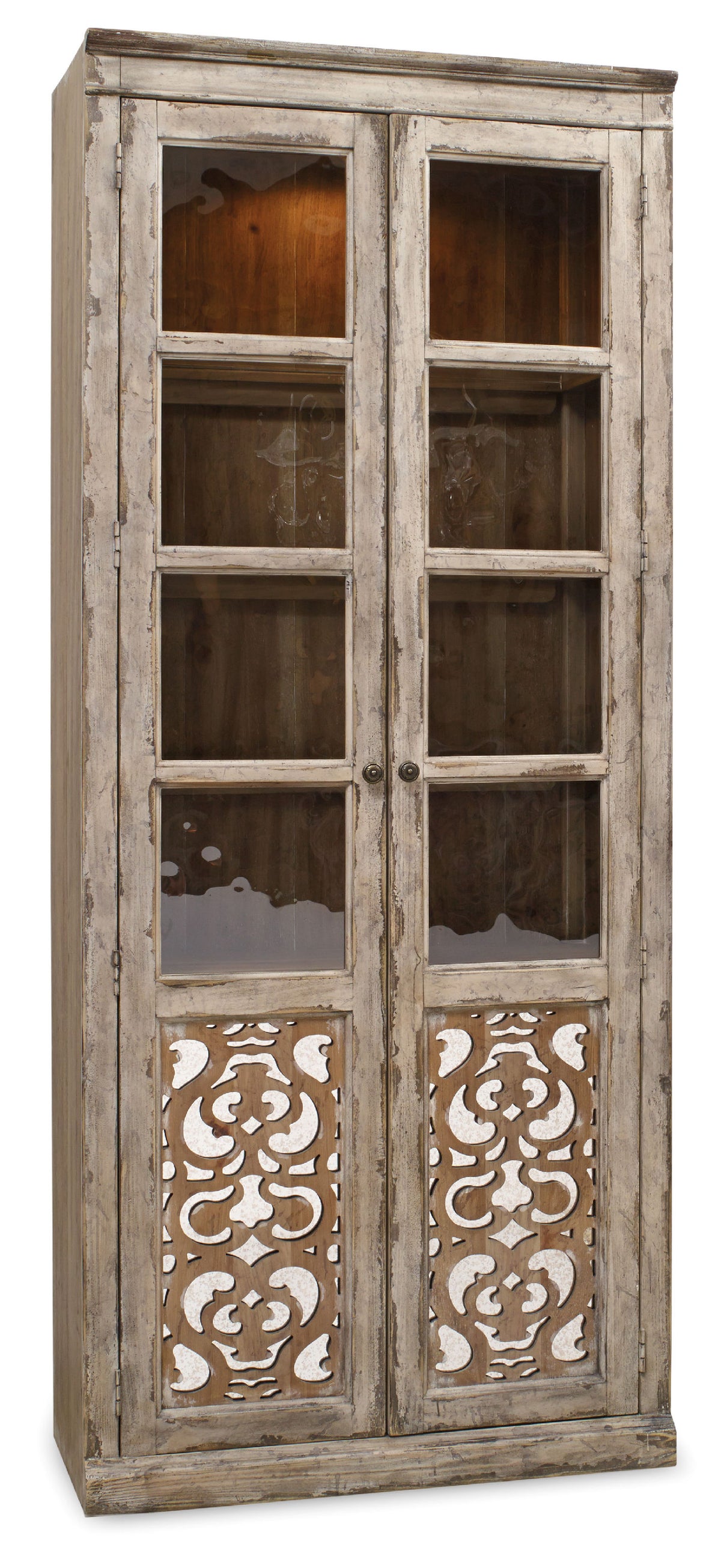 a wooden cabinet with glass doors