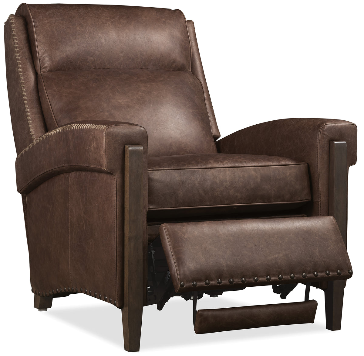 a brown leather recliner with a foot rest