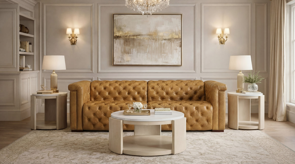 a living room with a couch and a chandelier