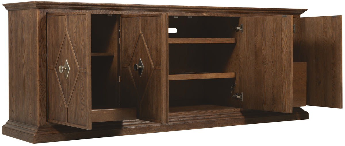 a wooden cabinet with open shelves