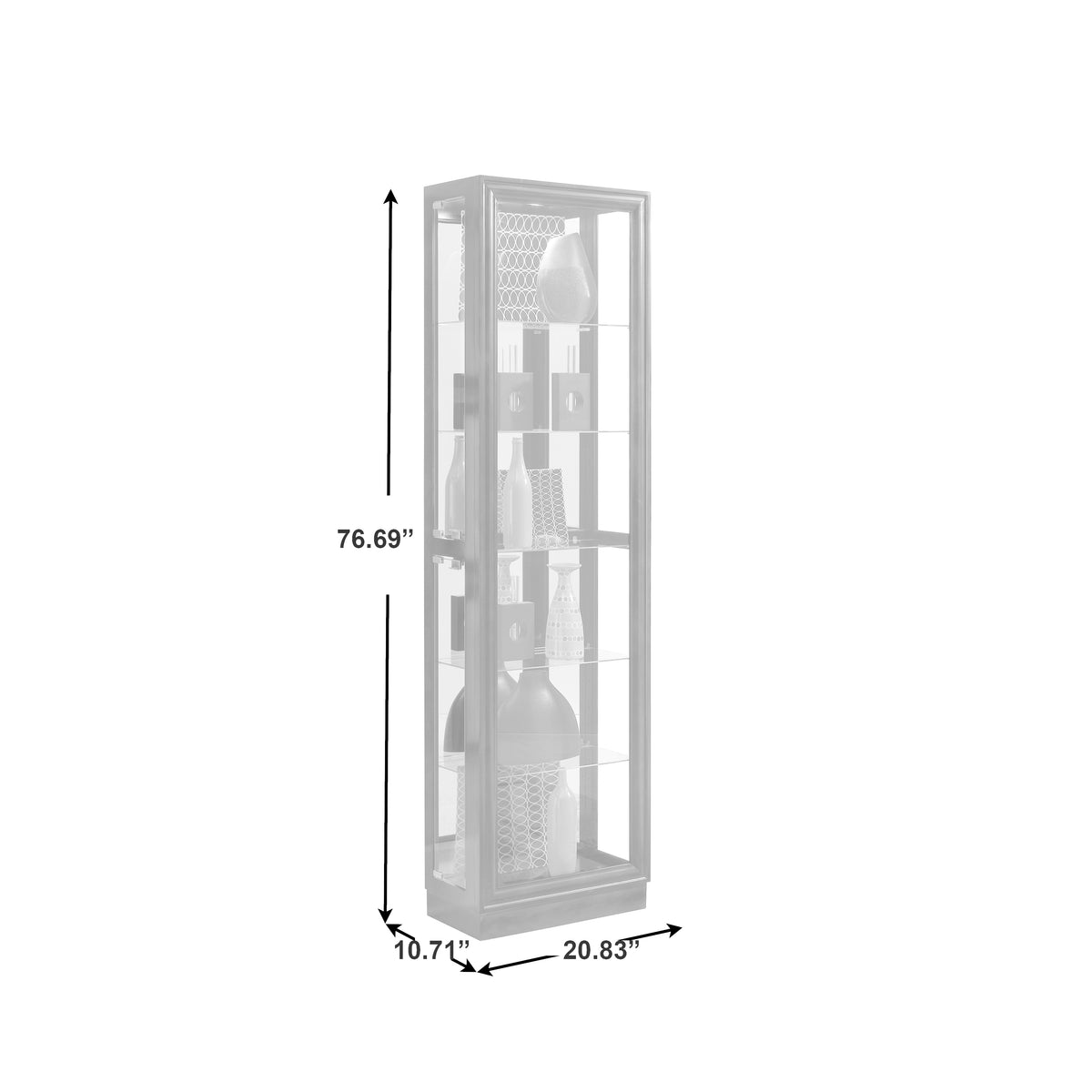 a tall glass cabinet with a glass door and glass shelves