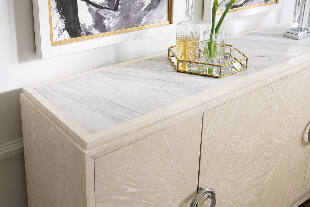 a white cabinet with a tray of vases and flowers on it