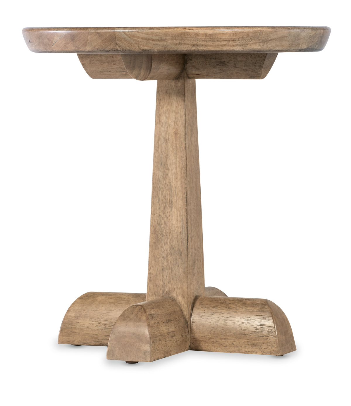 a round wooden table with a white background