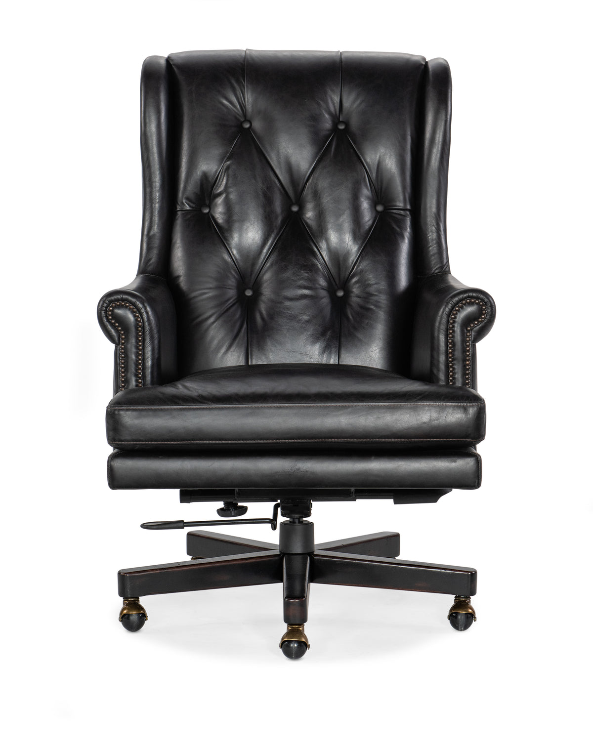 a black leather chair with wheels