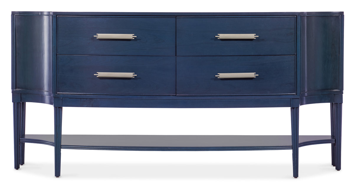 a blue dresser with silver handles