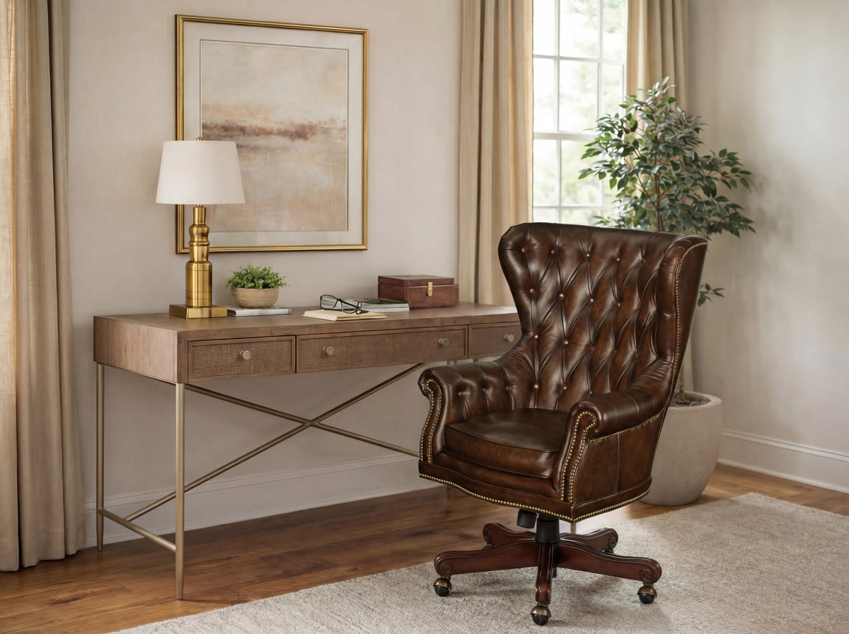 a brown leather chair next to a desk