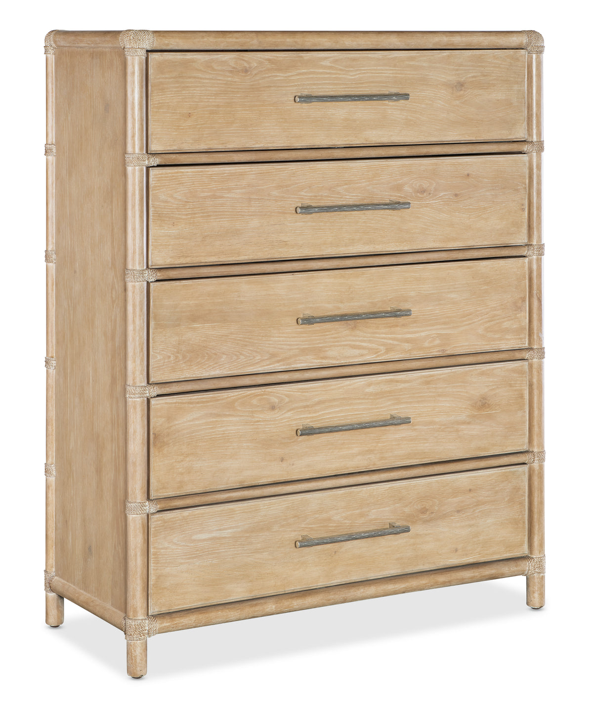 a wooden dresser with metal handles