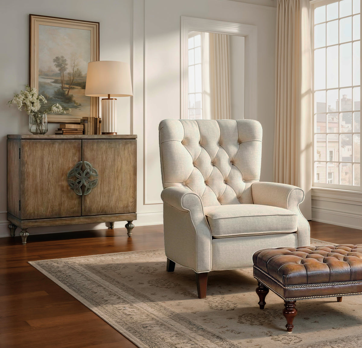 a room with a chair and a ottoman