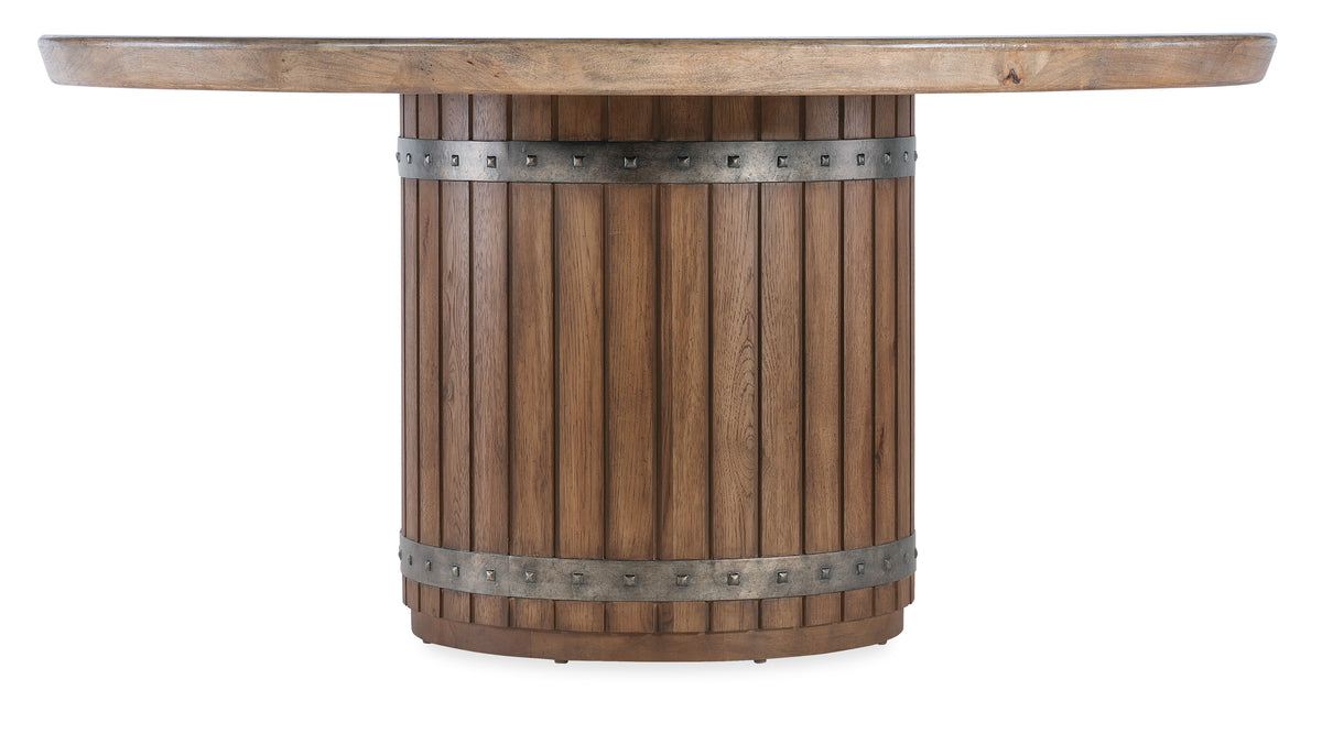 a wooden barrel with metal band around the top