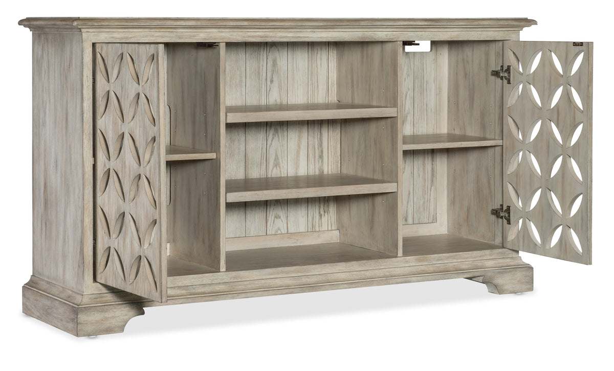 a white wooden cabinet with shelves