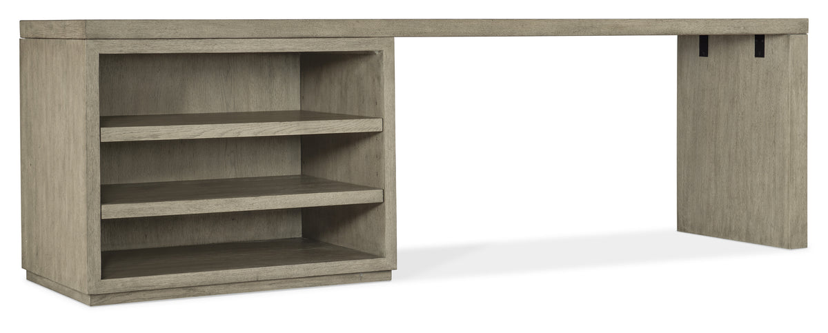 a wooden desk with a corner shelf