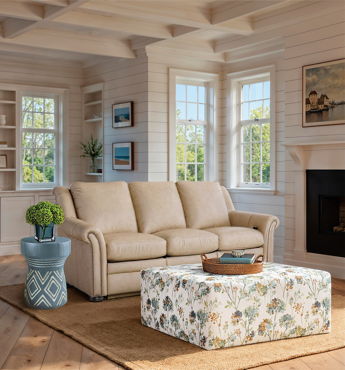 a living room with a couch and a fireplace