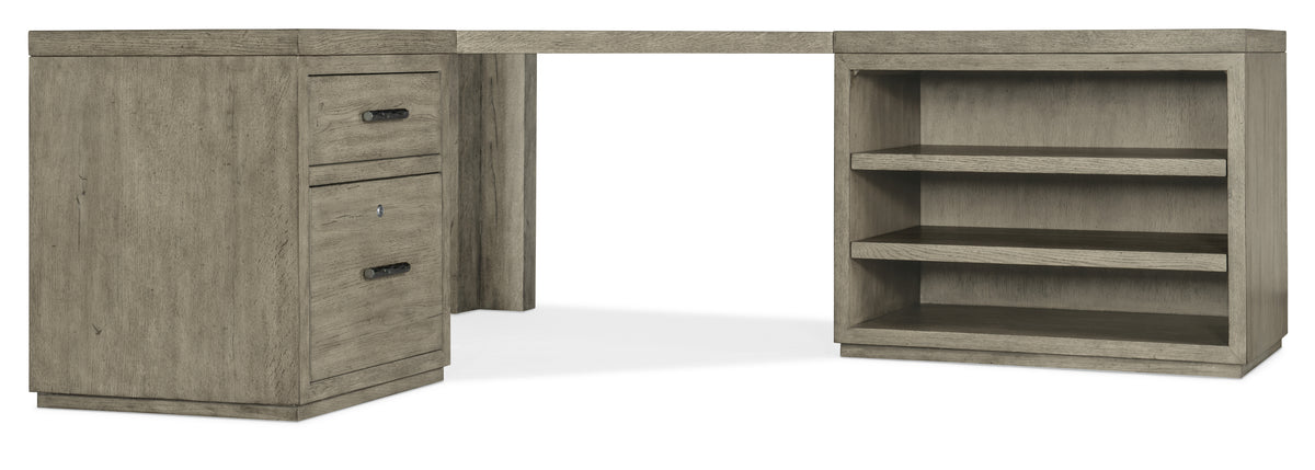 a desk with shelves on top