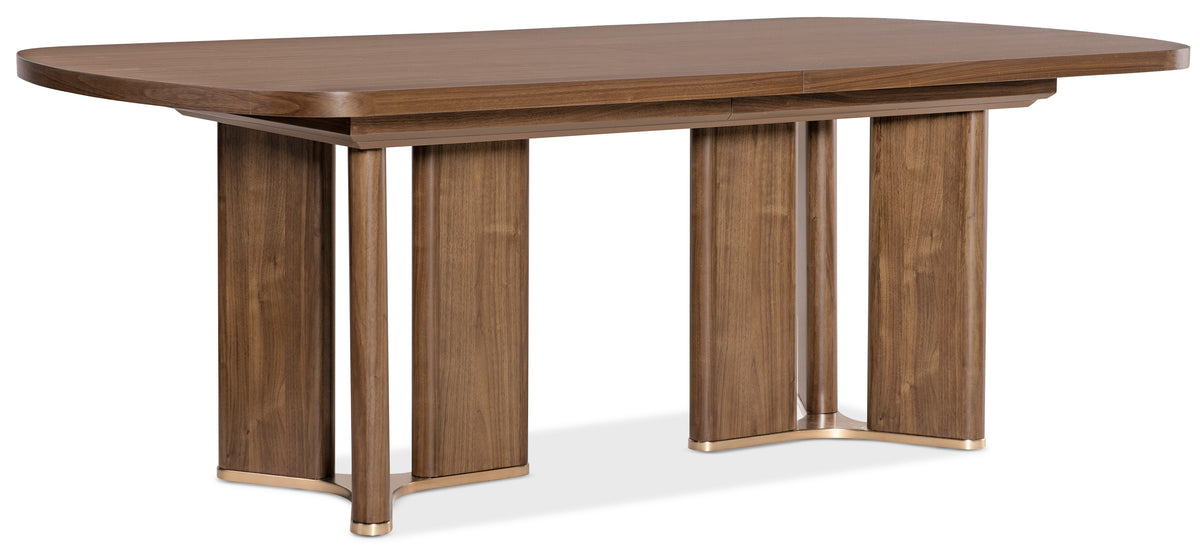 a brown table with gold legs