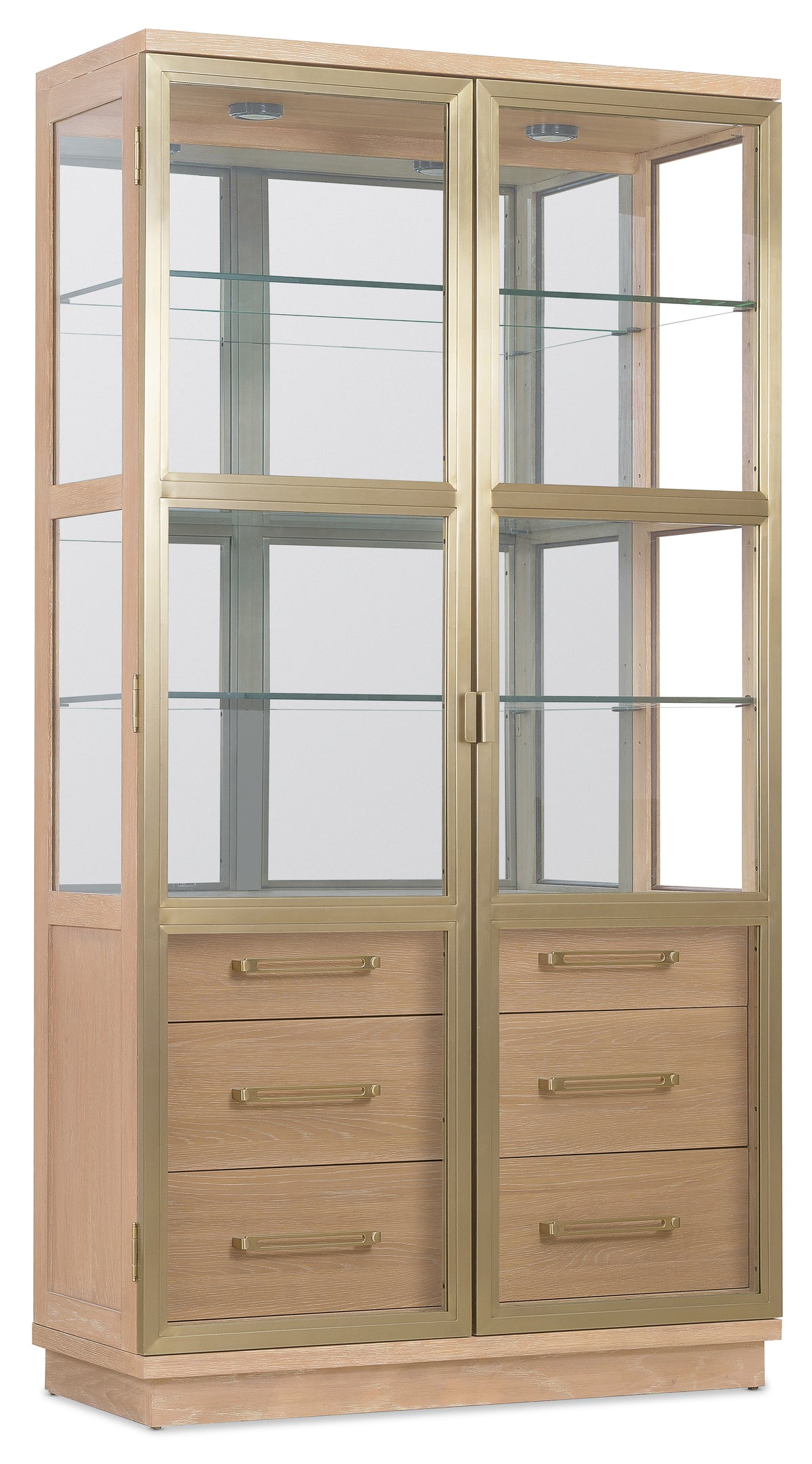 a glass cabinet with drawers and drawers