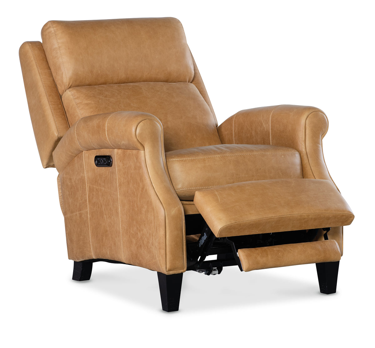 a tan leather recliner with black legs